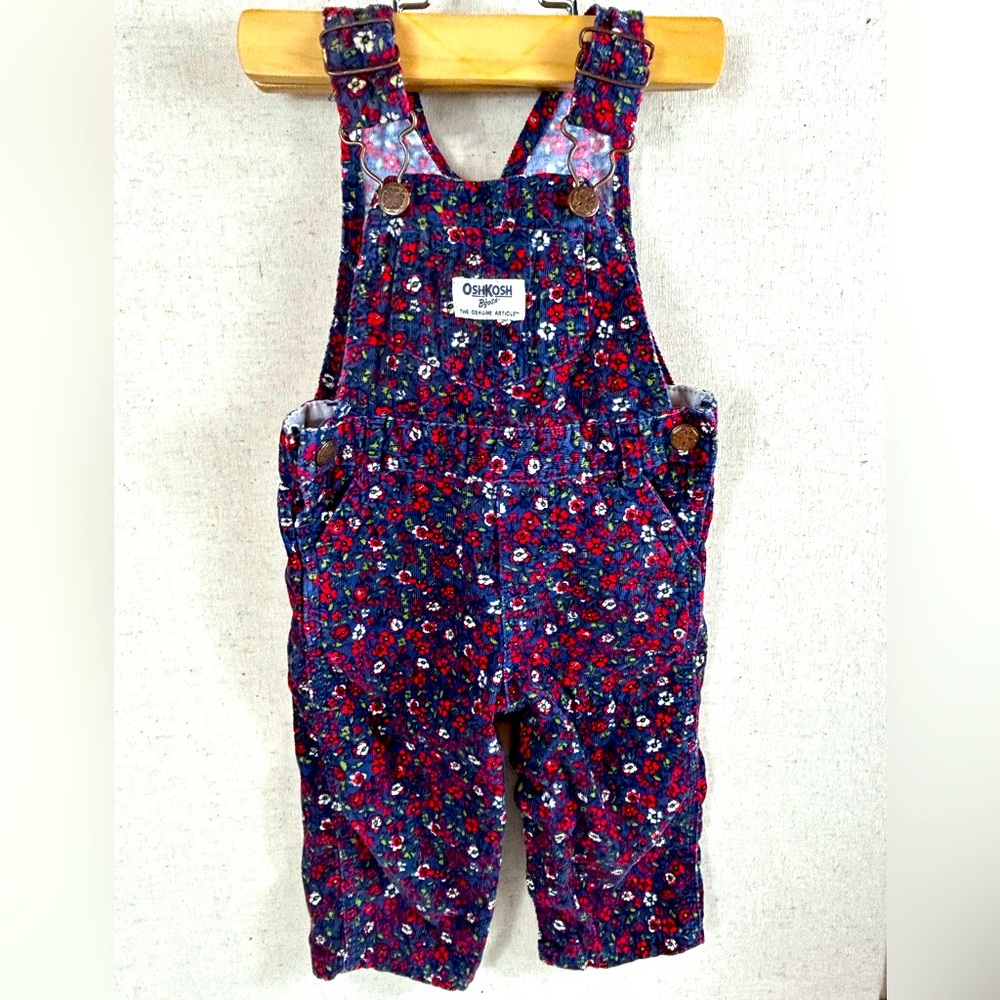 OshKosh B’Gosh Floral Print Overalls Girl Red Flower Print, Size 9M
